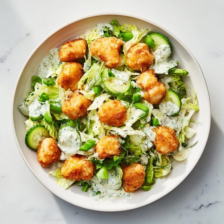 Fresh and colorful Green Goddess Nugget Salad, perfect for a light dinner, with crunchy air-fried nuggets.