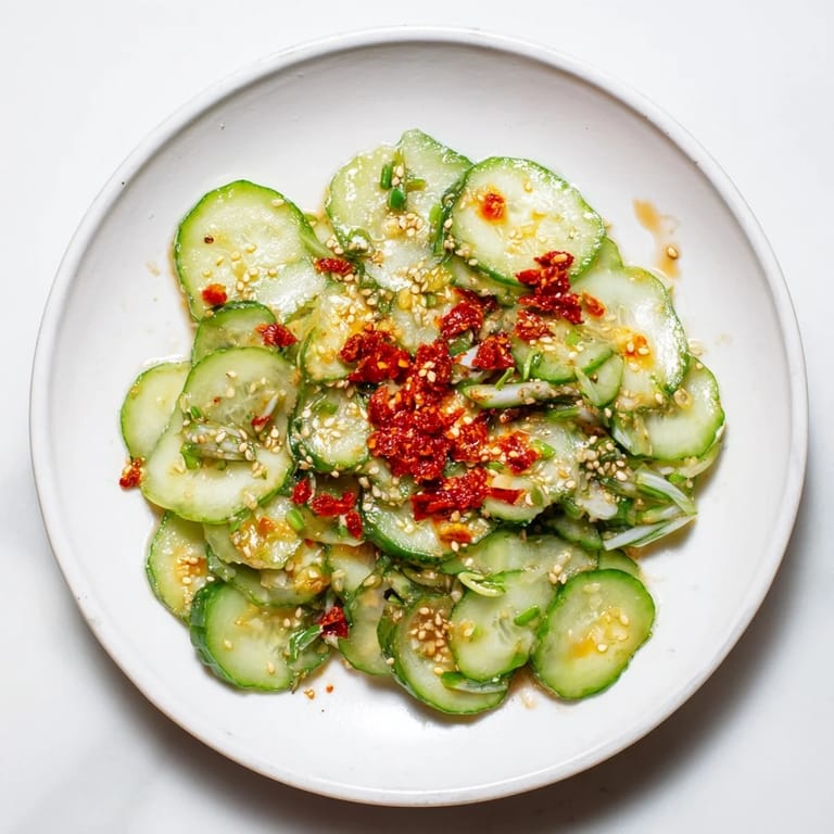 A delicious closeup showcases the crunchy cucumbers, chili crisp, and dressing of this Cucumber Shaker Salad.