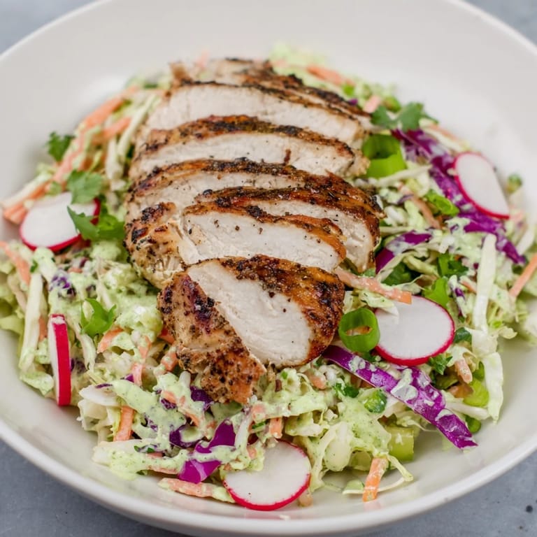 This vibrant Green Goddess Cabbage Slaw with Grilled Chicken is perfectly dressed and ready to eat!