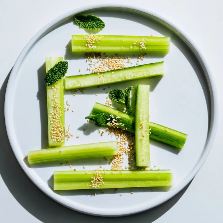 Vibrant image of Bamboo Zen featuring cool cucumber and celery, ready to dip in savory sauce.