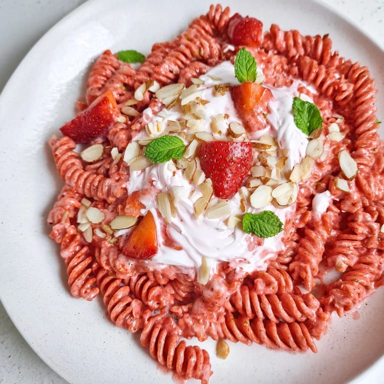 Plate of Sweet Strawberry Yogurt Pasta with fresh strawberry slices, perfect for a light summer meal.