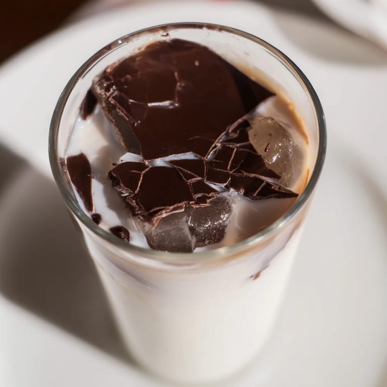 An inviting close-up of a refreshing chocolate cracking iced latte with a satisfying chocolate layer ready to crack.