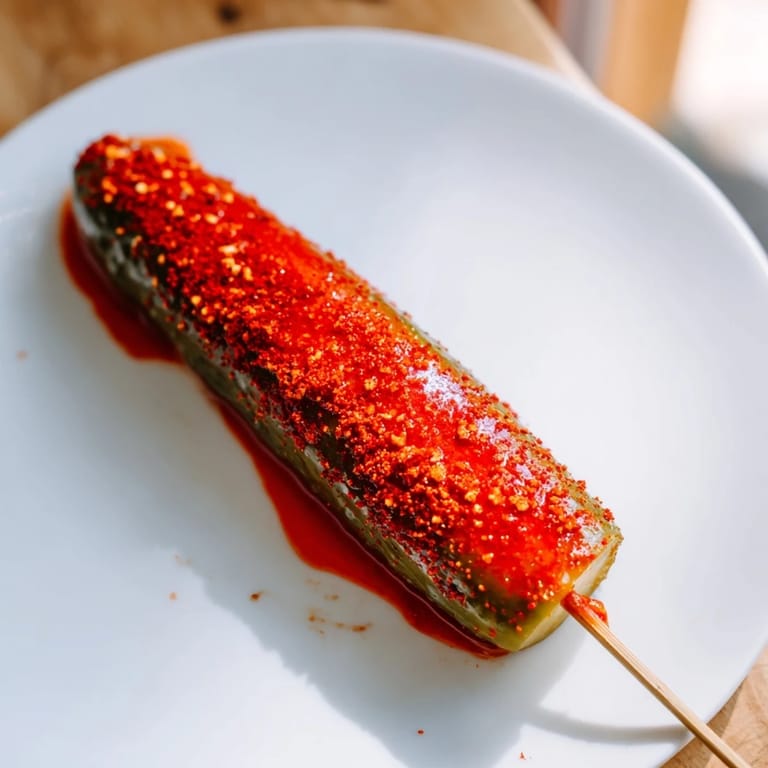 These bright red Chamoy-Tajín pickle sticks offer a sweet, sour, and spicy Mexican-inspired flavor explosion.