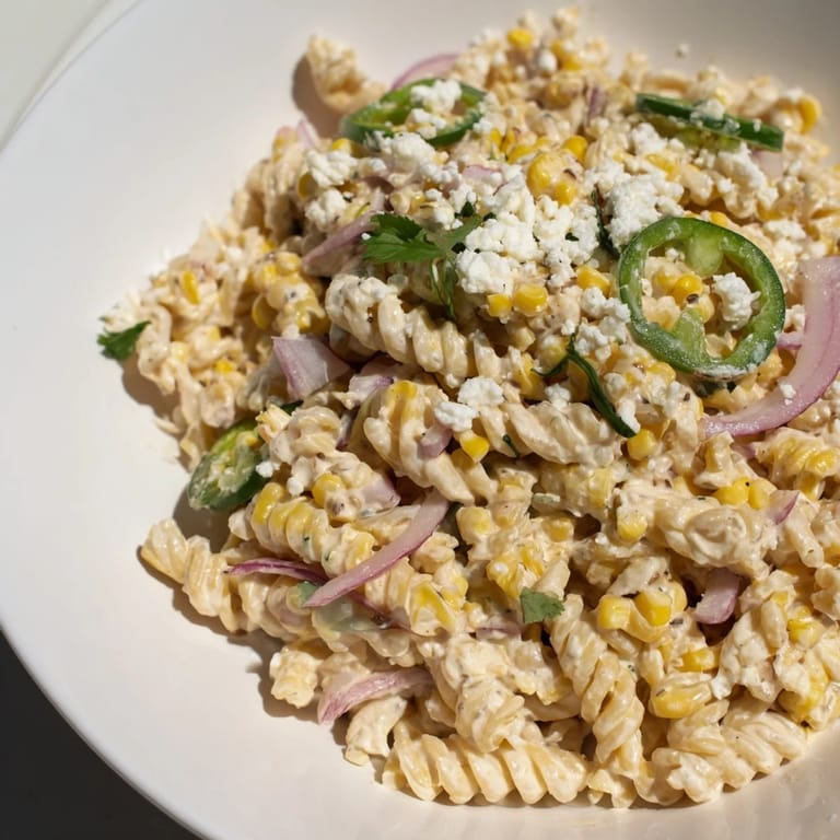 Bright green cilantro accents the Creamy Street Corn Pasta Salad, a vibrant Mexican-inspired dish.
