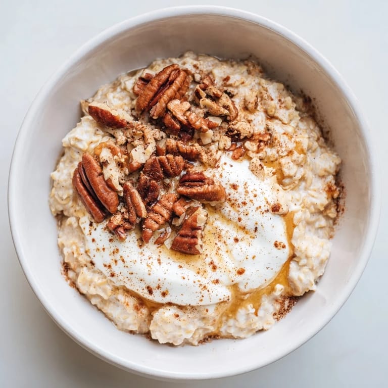 A close-up of creamy Pumpkin Spice Latte Oats, ready to eat with a dusting of cinnamon and nuts.