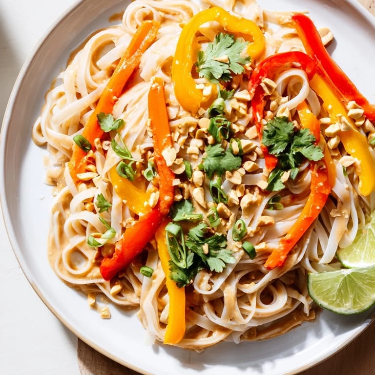 A close-up of vibrant Spicy Peanut Noodles, the rich sauce coating every noodle thread for flavor.