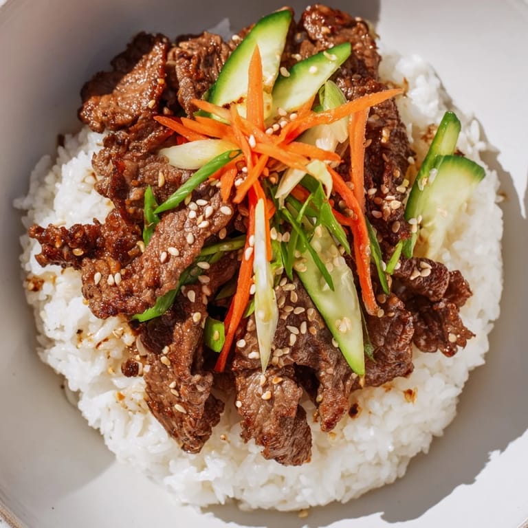 A steaming hot bulgogi beef bowl overflowing with savory, perfectly cooked marinated beef in a bowl.