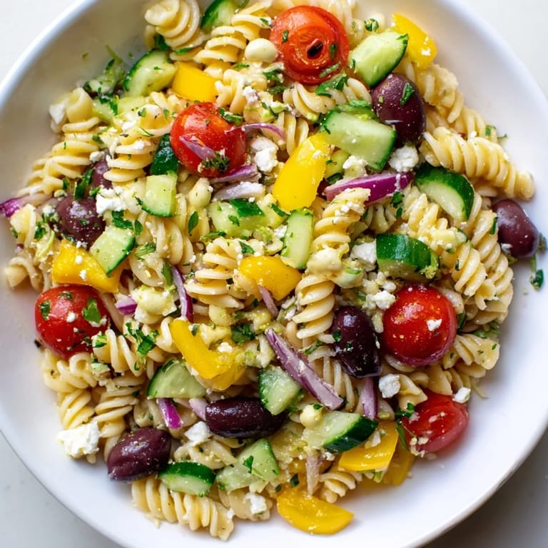 Vibrant Lemon Pasta Salad, tossed with fresh herbs, vegetables, and creamy feta cheese, ready to eat.