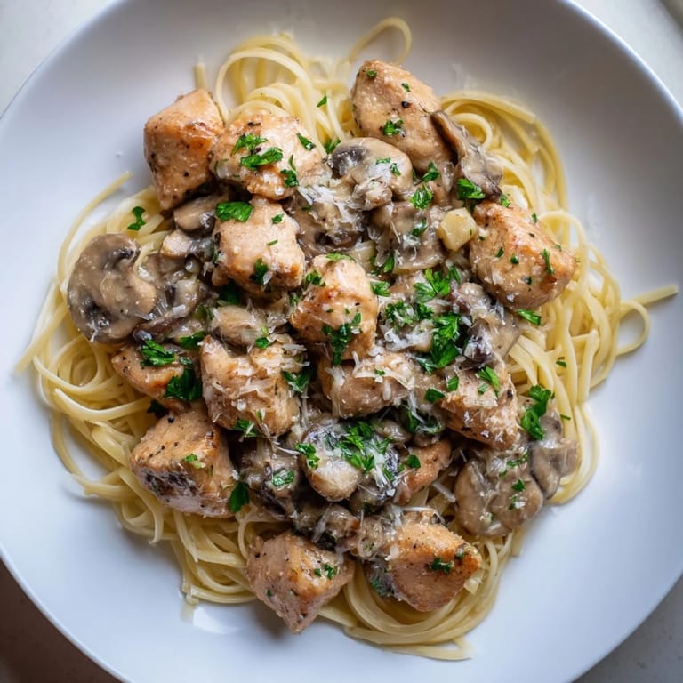 Warm, comforting bowl of creamy mushroom chicken pasta with fresh parsley and Parmesan cheese.