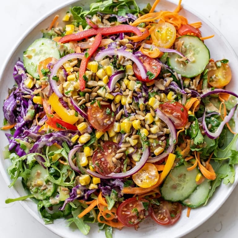 Crisp, refreshing rainbow salad showcases a delightful array of colorful vegetables, perfect for a light meal.