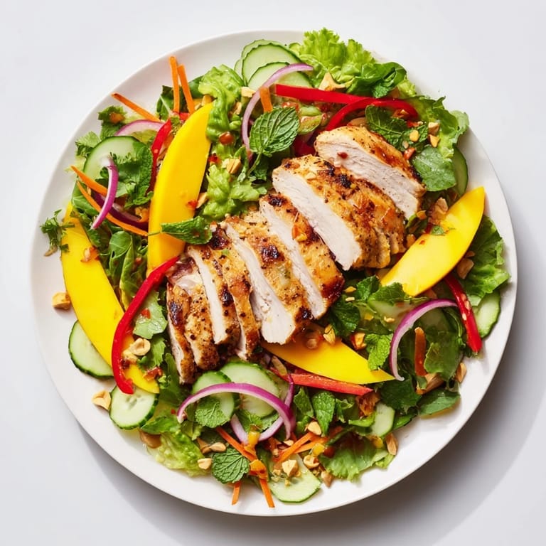This refreshing Thai Mango Chicken Salad is tossed in a zesty, chili-lime dressing.