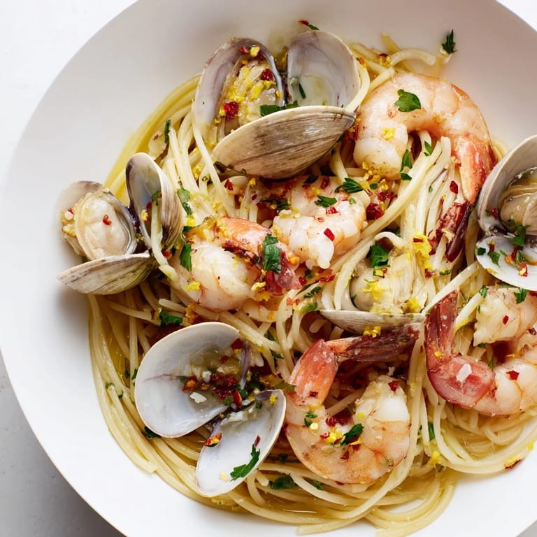 Golden garlic oil coats the al dente spaghetti in this Seafood Pasta Aglio e Olio dish.