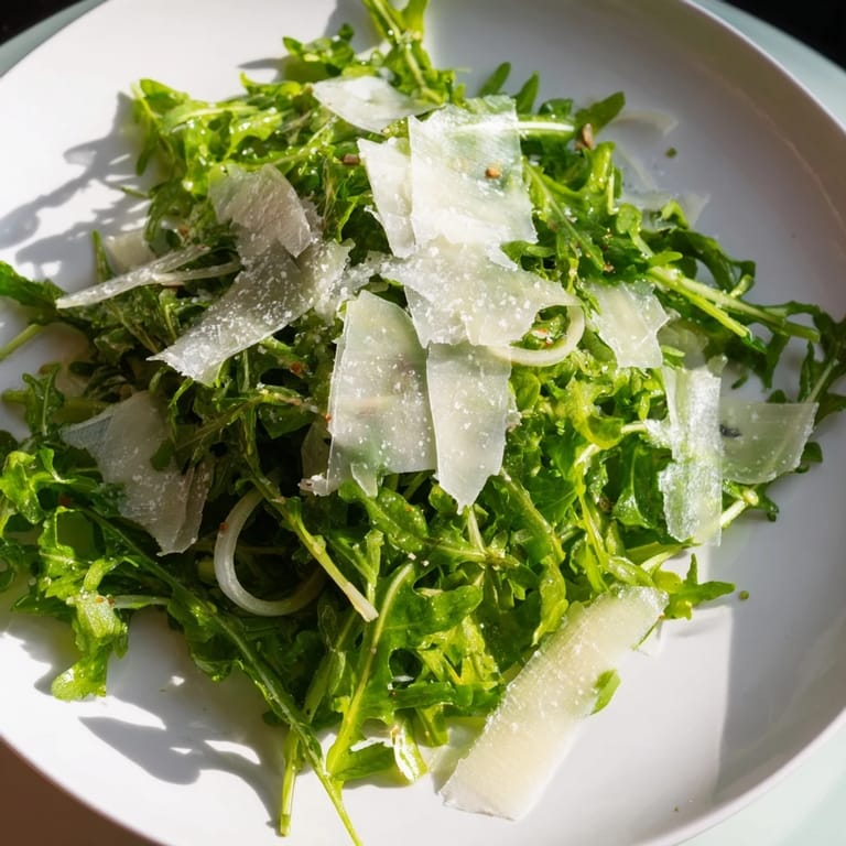 Vibrant arugula salad with lemon dressing, a simple Italian side, showcasing peppery greens and sharp cheese.