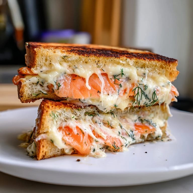 A close-up of a perfectly toasted Smoked Salmon Grilled Cheese sandwich, inviting and delicious.