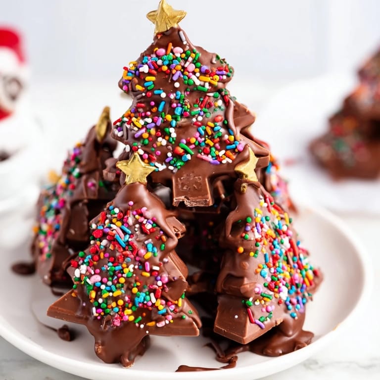 Close-up of decadent, drizzled chocolate Kinder Christmas Trees with colorful sprinkles and star toppers.