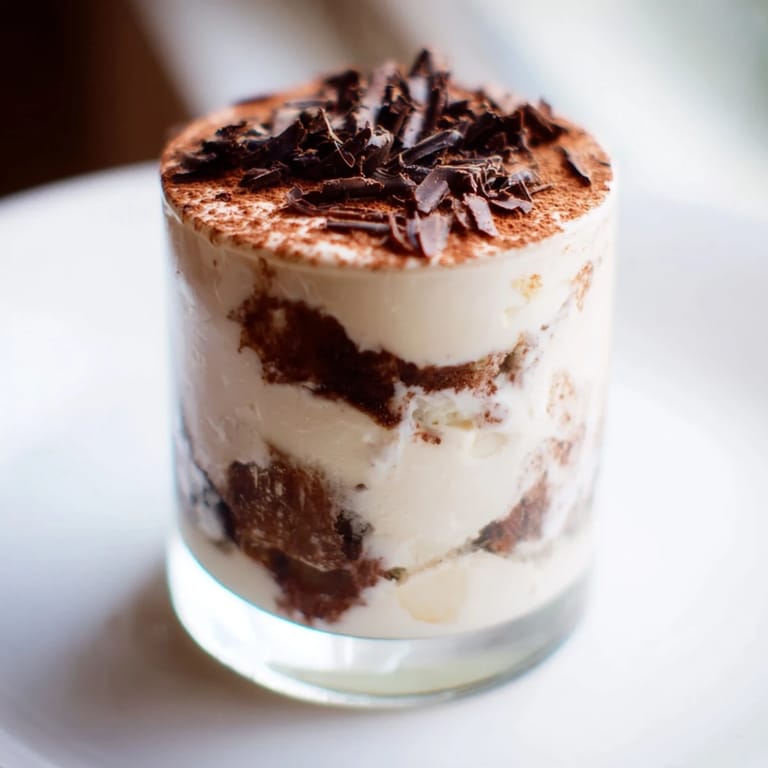 Elegant shot glasses filled with deconstructed tiramisu, featuring soaked biscuits and mascarpone cream.