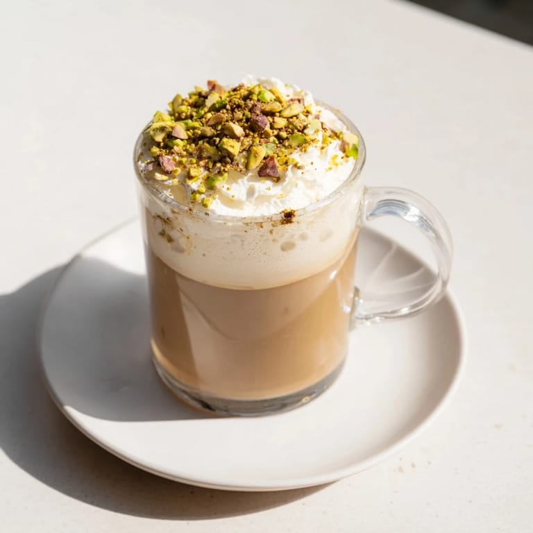 Enjoy a velvety Pistachio Latte, a delightful café drink topped with chopped pistachios.