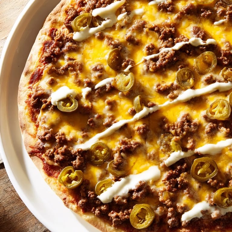 Freshly baked Ground Beef Taco Pizza, featuring a perfectly golden crust and a spicy, flavorful aroma.