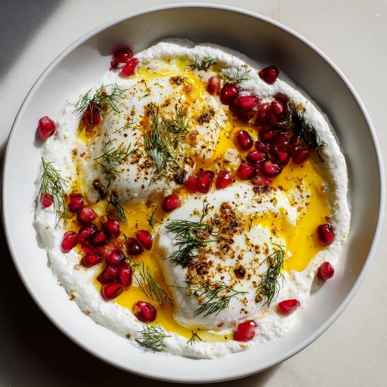 Enjoy a delicious and flavorful serving of Çılbır, a beautiful Turkish breakfast with pomegranate.