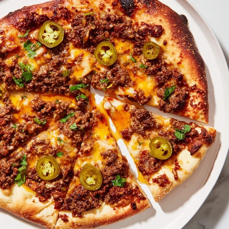 That delicious spicy ground beef pizza base has a golden crust and a sweet honey drizzle.