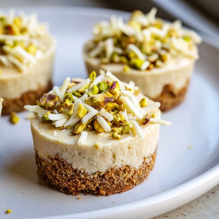 Mini Pistachio Cheesecake Bites, showing a close-up of the pistachio crust and creamy filling, a delightful American treat.