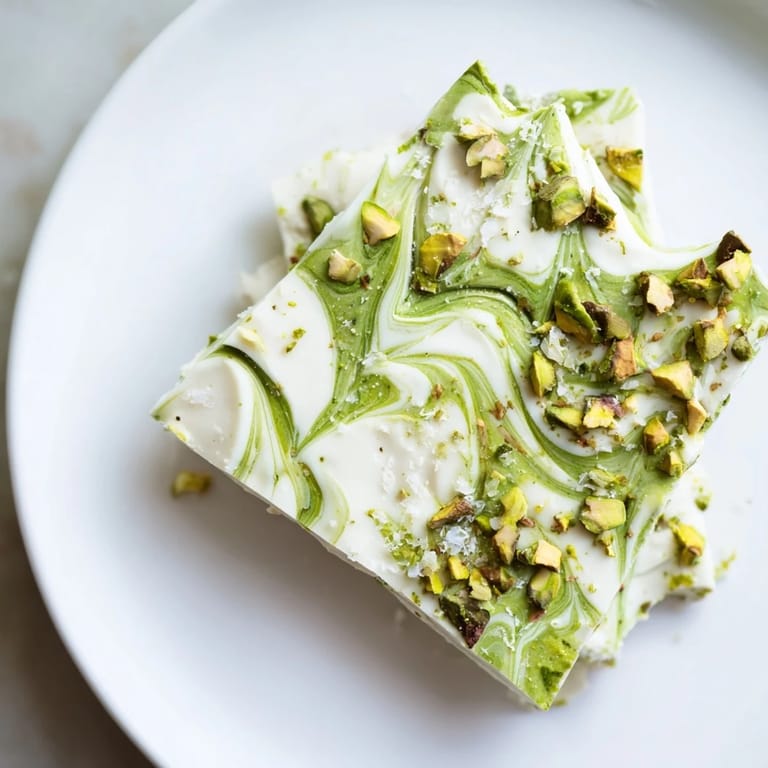 Melting white chocolate tempered to a perfect gloss featuring delightful Pistachio Matcha White Chocolate dessert pieces.