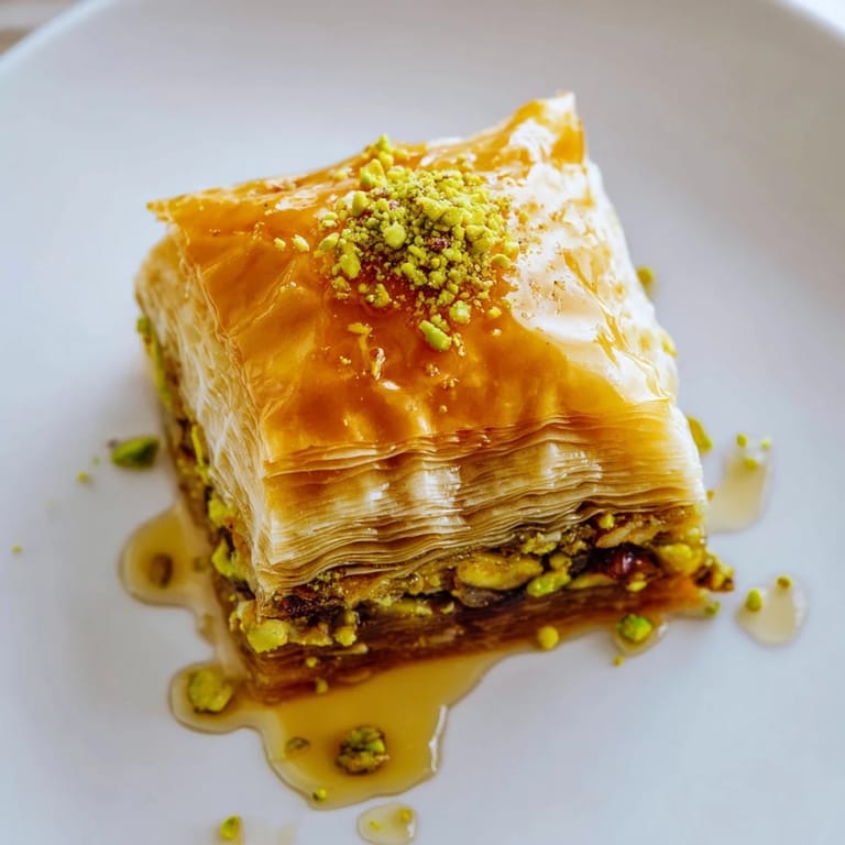 Close-up of Turkish Hazelnut & Pistachio Baklava: layers of nuts and phyllo pastry, baked golden brown.