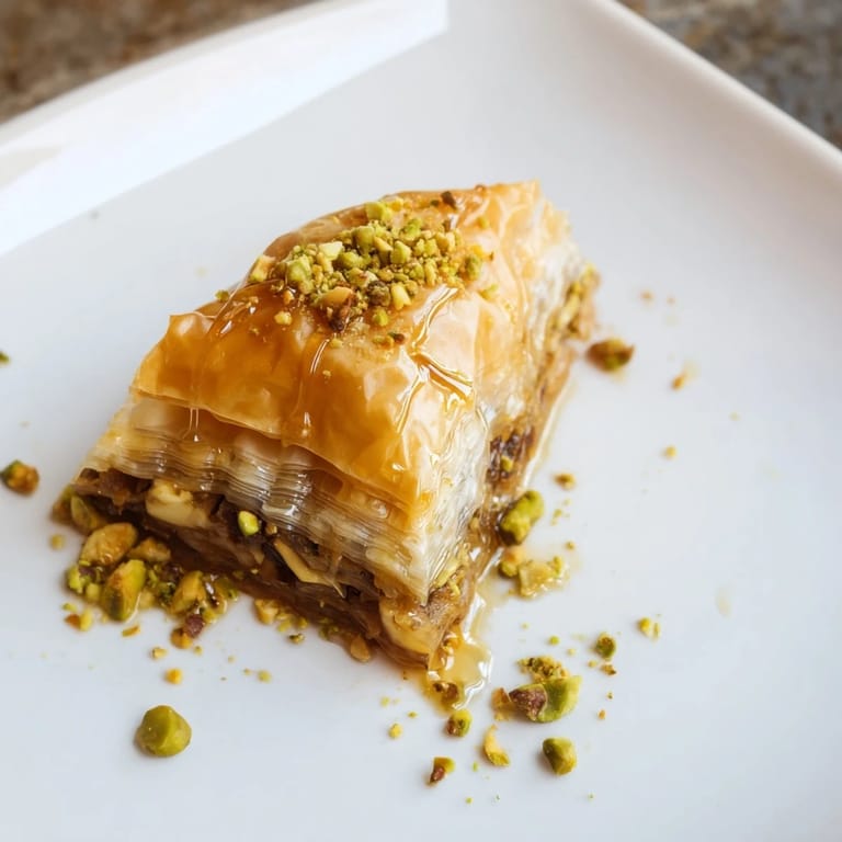 Delectable and aromatic Turkish Hazelnut & Pistachio Baklava, ready to eat, with glistening honey glaze.
