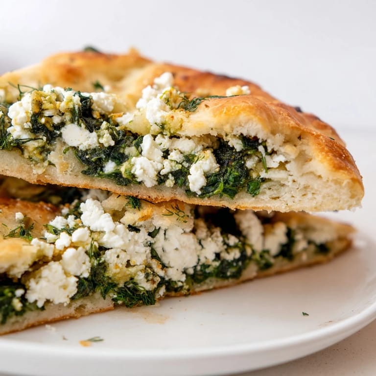 Close-up of a warm Turkish Spinach & Feta Flatbread, showing the melted cheese and flaky crust details.
