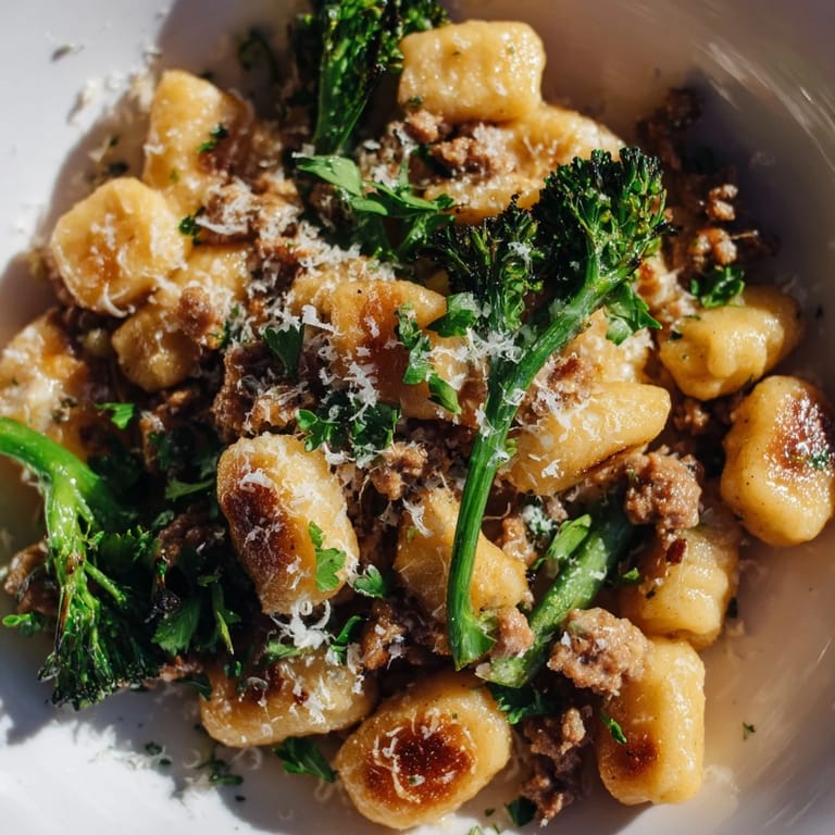 A close-up of the easy Sheet Pan Gnocchi Bake, highlighting golden gnocchi, charred broccolini, and sausage with a Parmesan finish.