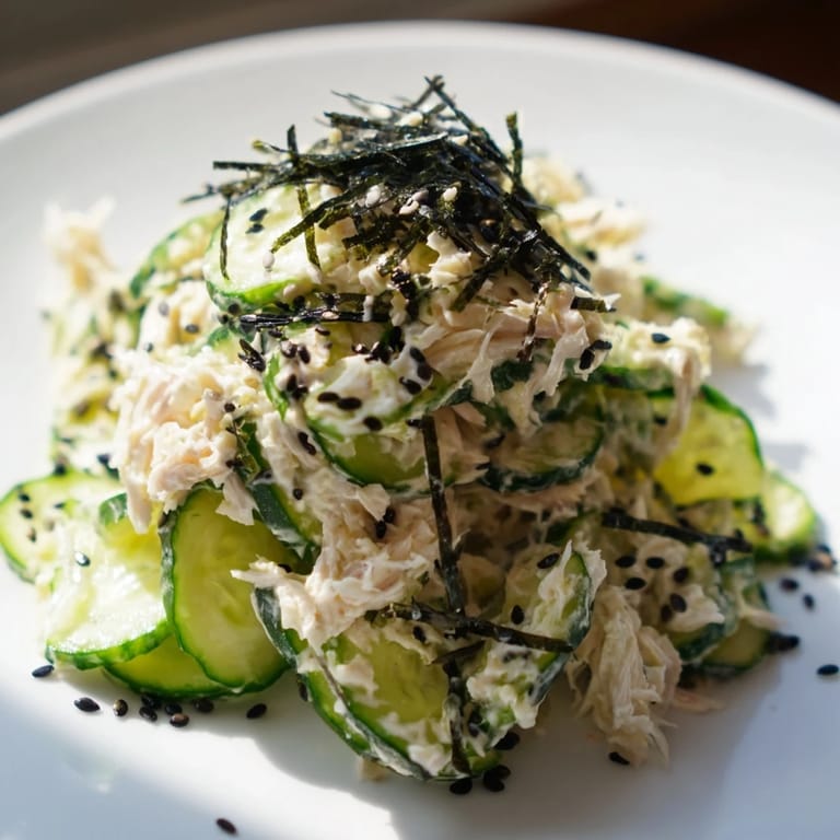 A bowl of California Roll Cucumber Salad garnished with sesame seeds and nori strips.  