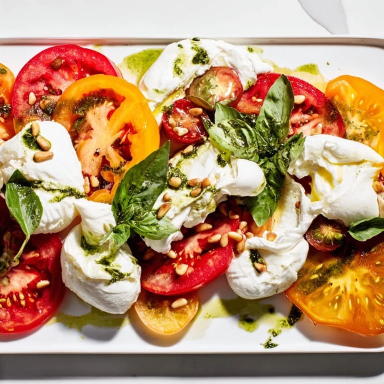 Colorful heirloom tomatoes, torn burrata, and toasted pine nuts on a wooden board for a fresh summer appetizer.