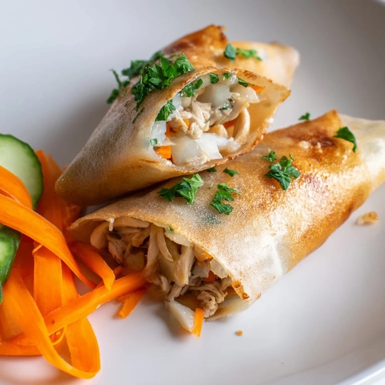 Sizzling Garlicky Pulled Chicken Wraps in a skillet, revealing succulent shredded chicken in garlic-butter sauce peeking through golden rice paper.