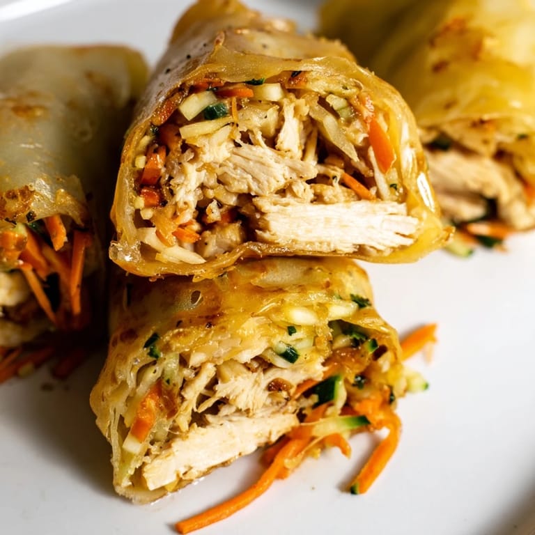Freshly pan-fried Garlicky Pulled Chicken Wraps stuffed with tender shredded chicken, crisp lettuce, carrots, and cucumbers on a white plate.  