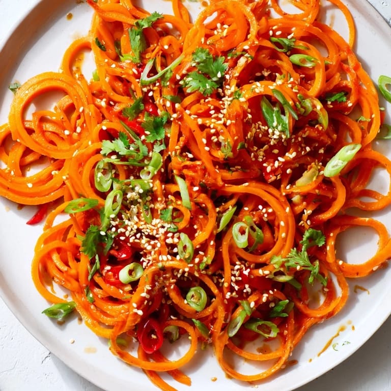 Bright bowl of Asian-style carrot ribbon salad topped with fresh cilantro and chili, a crisp vegan side for grilled chicken or tofu.