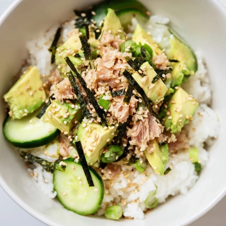 This colorful Tuna Avocado Rice Bowl features tender tuna, ripe avocado, and crunchy cucumber on fluffy jasmine rice.