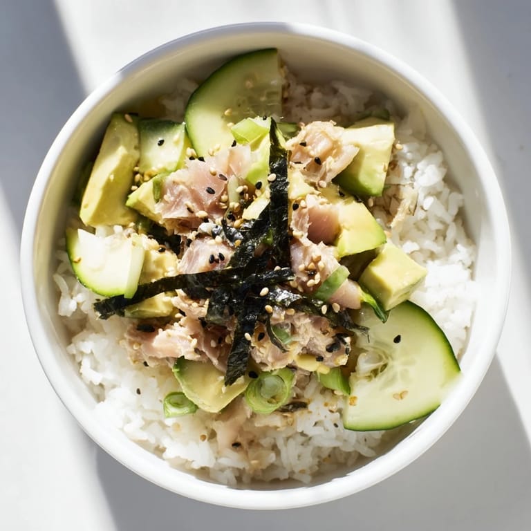 Sesame seeds and nori garnish this fragrant Tuna Avocado Rice Bowl, with fresh scallions adding a bright, savory finish.