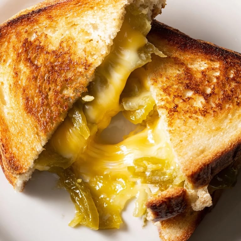 Perfectly crisped Cheddar Jalapeño Grilled Cheese sits on a cutting board, ready to be dipped into a bowl of creamy tomato soup.
