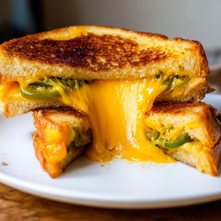 This easy homemade Cheddar Jalapeño Grilled Cheese features golden-brown bread, spicy pickled jalapeño slices, and a generous helping of perfectly melted sharp cheddar cheese.