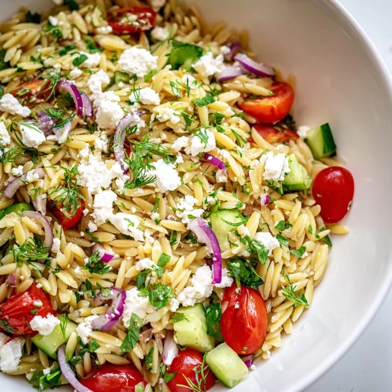 Fresh Greek Orzo Salad in a white bowl, featuring lemon-oregano dressing and parsley garnish for a picnic.