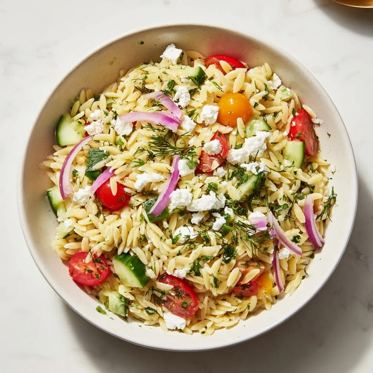 Colorful Greek Orzo Salad with juicy tomatoes, crisp cucumber, red onion, and crumbled feta cheese on a plate.