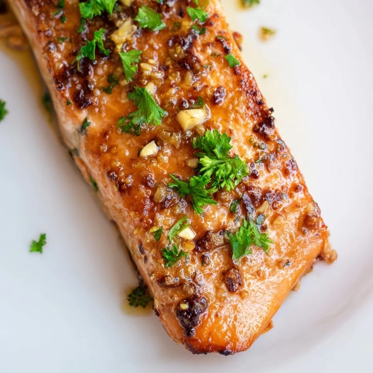 A close-up view of tender, flaky salmon with a sticky honey garlic glaze, ready to be served alongside steamed rice and greens.