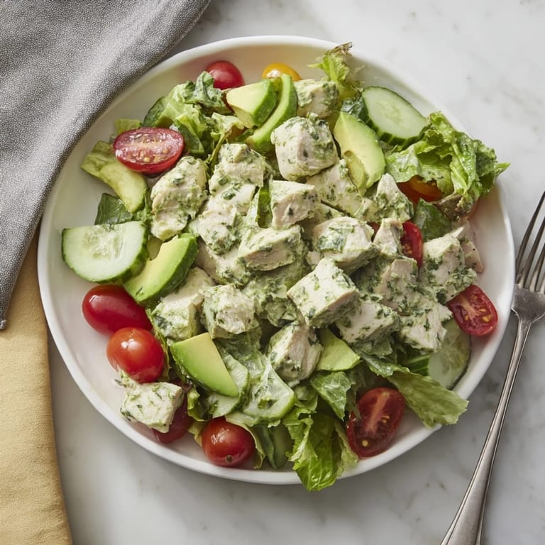 Vibrant Green Goddess Chicken Salad in a bowl with glistening herb dressing, sliced cucumber, and mixed greens, perfect for a light, protein-packed lunch.