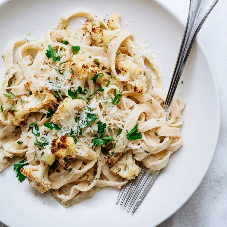 A close-up view of Roasted Cauliflower Alfredo, featuring silky sauce coating wide pasta noodles and a sprinkle of black pepper and nutmeg.