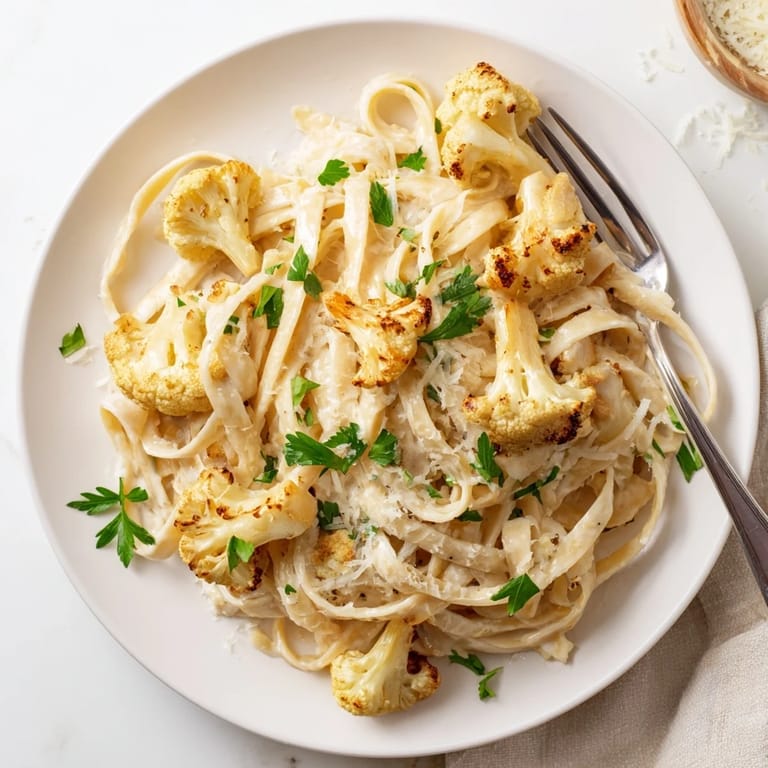 Overhead shot of Roasted Cauliflower Alfredo in a serving bowl, garnished with fresh parsley and extra Parmesan, ready for a vegetarian dinner.