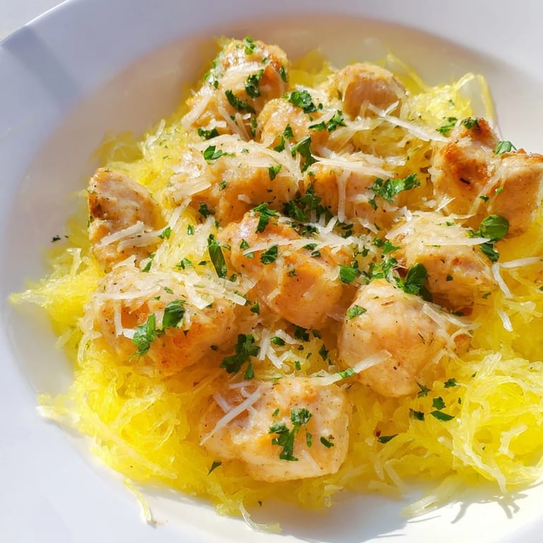 Golden, skillet-cooked lemon garlic chicken with sautéed garlic rests on warm spaghetti squash strands, ready to be enjoyed with an extra squeeze of lemon.