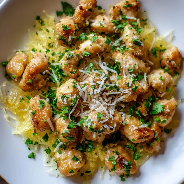 Bright lemon garlic chicken sits atop fork-scraped spaghetti squash noodles, garnished with fresh parsley and a sprinkle of Parmesan for a vibrant dinner plate.