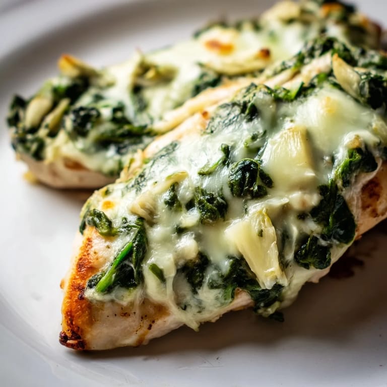 Tender chicken breasts smothered in a vibrant green spinach and artichoke mixture, baked to perfection in a rustic dish.