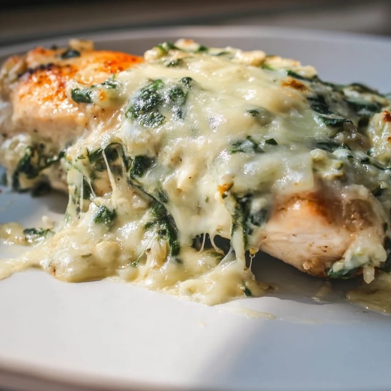 Savory Spinach & Artichoke Chicken Bake served on a plate, garnished with fresh herbs and ready to enjoy.