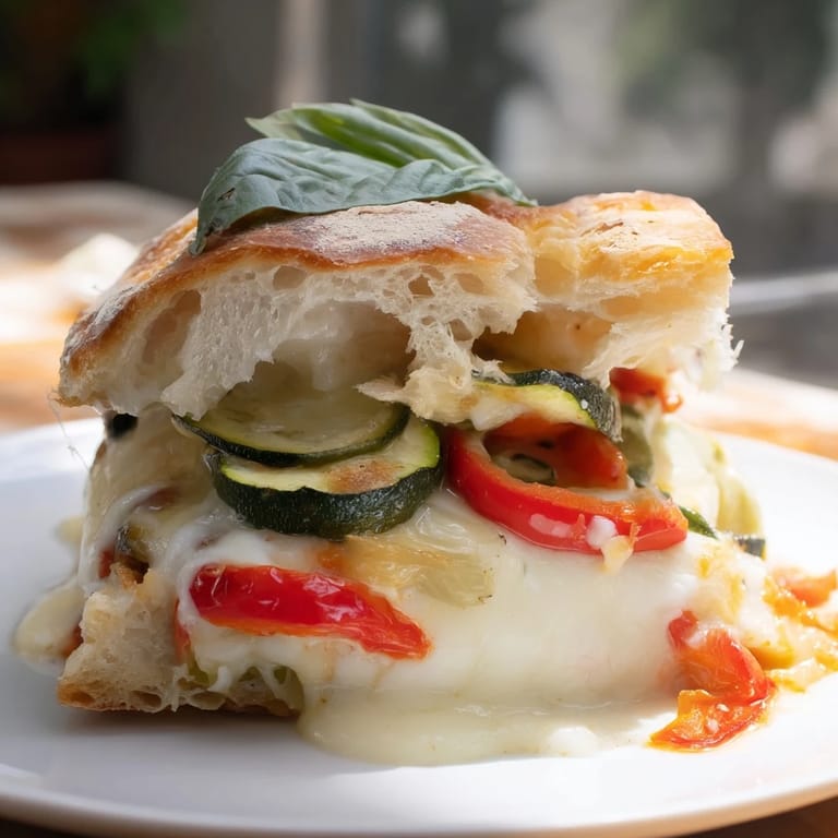 A close-up view shows melted mozzarella and juicy tomato slices spilling from a golden Roasted Veggie Caprese Grilled Cheese, garnished with fresh basil.